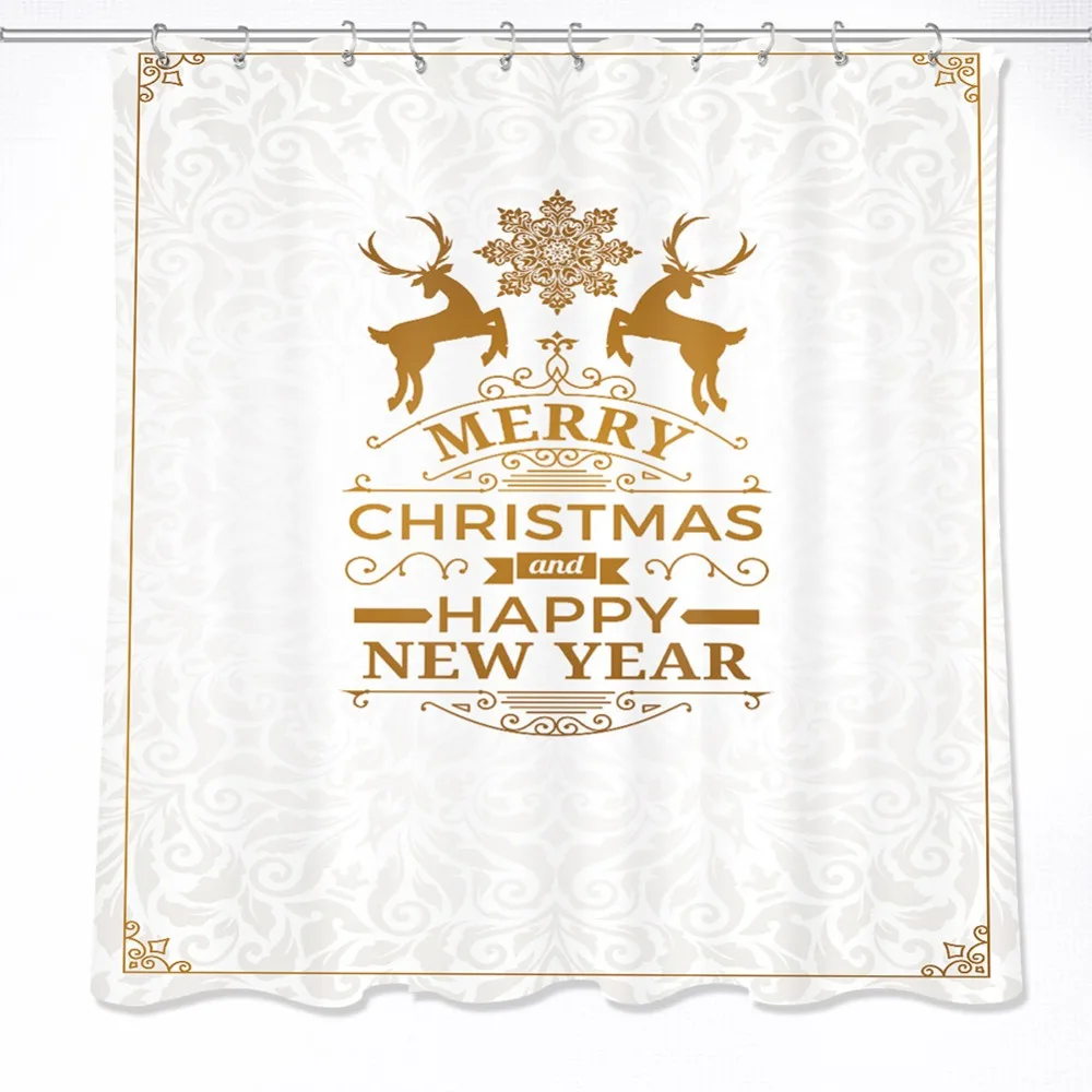 

72'' Elks Snow Marry Christmas Happy New Year Bathroom Waterproof Fabric Shower Curtain Polyester 12 Hooks Bath Accessory Sets