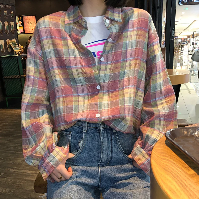 

2019 осень новые женские футболки с длинным рукавом в клетку розовый хлопковые рубашки блузки повседневные свободные топы Рубашки Блузы