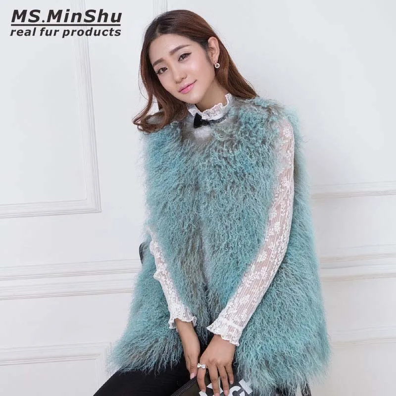 Ms. MinShu, натуральный мех ягненка, жилет, модное женское пальто, монгольский мех ягненка, жилет, зимний жилет, длинное пушистое меховое пальто