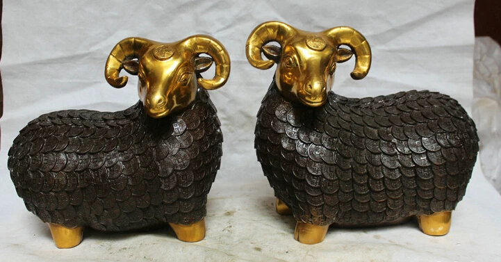 

Bi001540 16 "китайская Бронзовая позолота богатство народный Зодиак Год фигурка Овцы козы скульптура пара