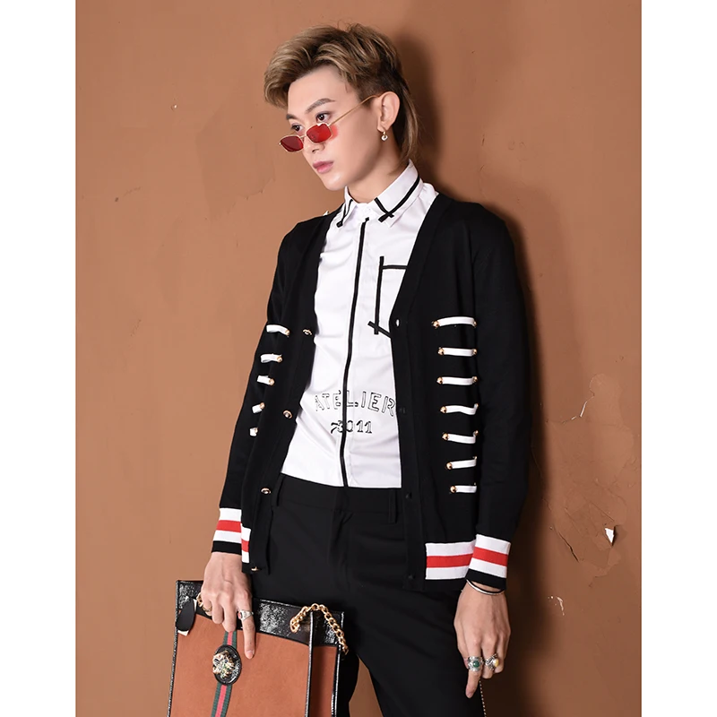 2019 Spring Autumn Unique Elegant Knitwear Sweaters men casual slim V-neck Cardigan for Plus size Stage costumes | Мужская одежда