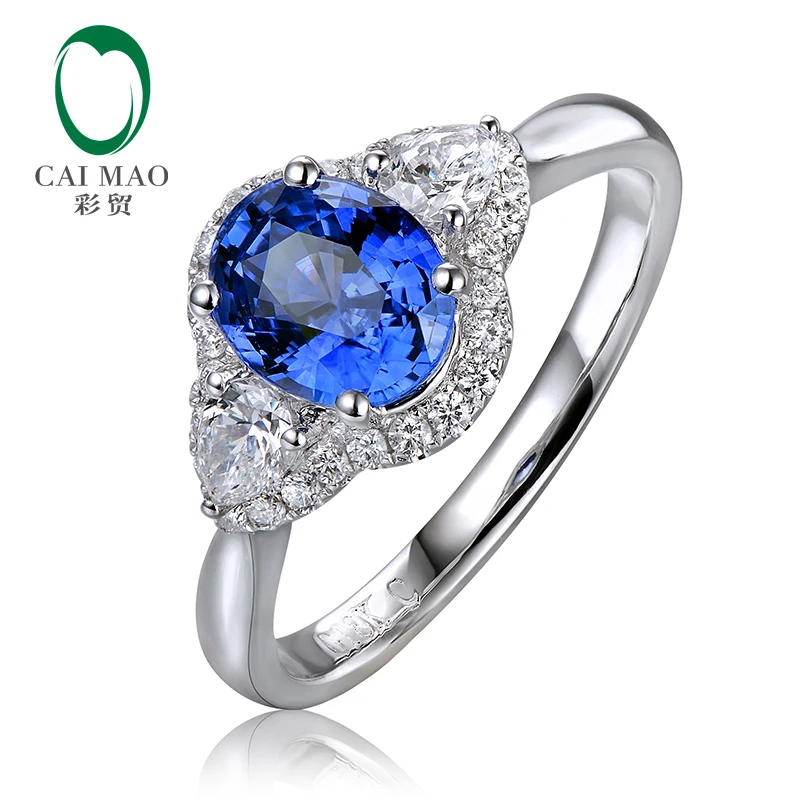 

CaiMao 1.51ct натуральный Овальный Сапфир гало бриллиант 14K белое золото обручальное кольцо для годовщины