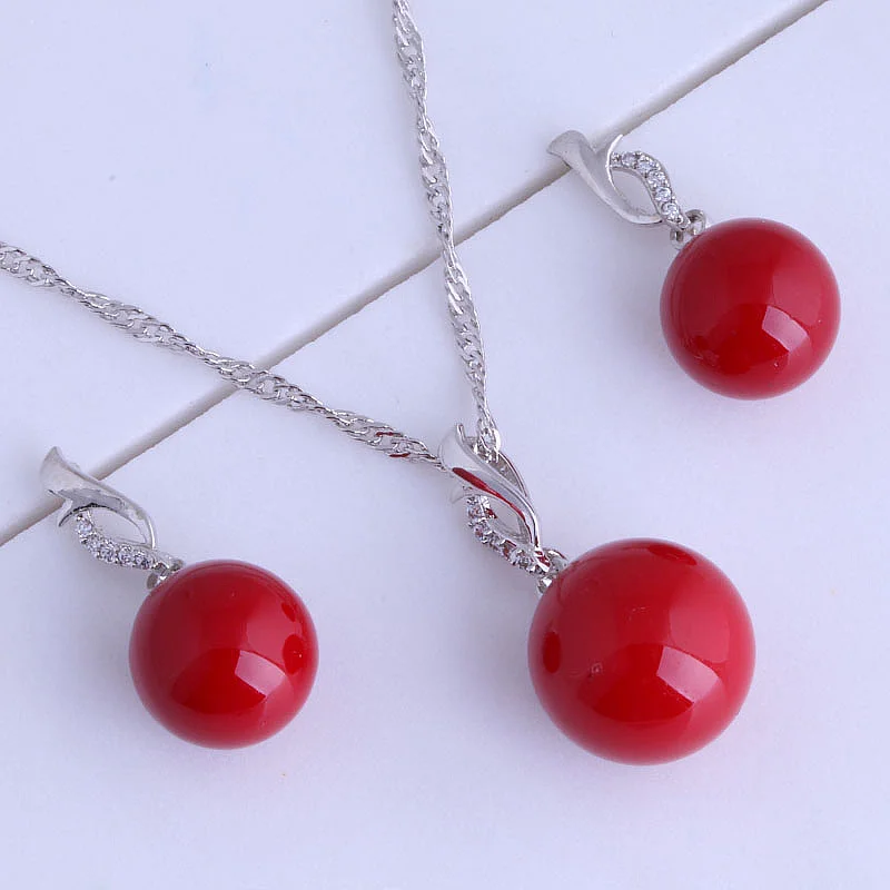Красивый красный имитация кораллов комплект серьги гвоздики ожерелье