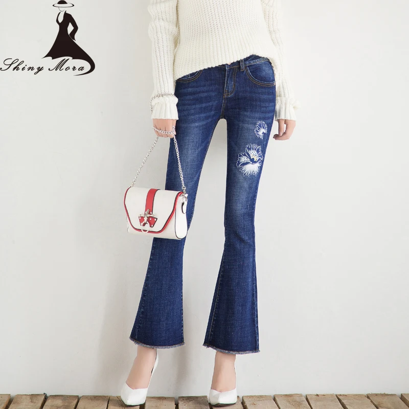 Shinymora осень 2017 г. Брюки Джинсы для женщин Для Цветочный принт тощий эластичный