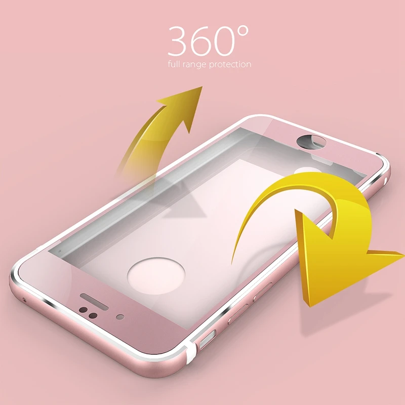 For iPhone 6 Case Luxury Rose Gold TPU Metal Bumpers + Back Front Glass Film 360 Degree Full Body Cover 6S Plus |