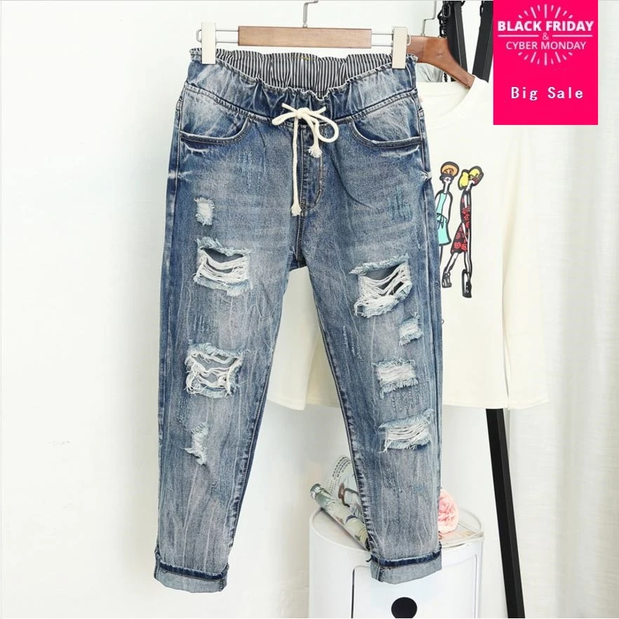 

Новые рваные шаровары с дырками на шнуровке свободные джинсы 2018 весенние хлопковые модные брюки с высокой талией 3XL 4xl 5xl повседневные джинс...