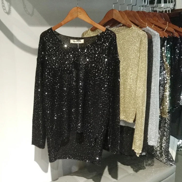 

Cakucool Women Sequined Sweaters Bling Spring Long Sleeve O-neck Jumpers Loose Slit Casual Embellish Knit Pullover Sweater Lady