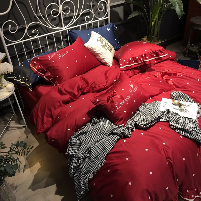 Red with white spots egyptian cotton luxury Bedding Set queen king size bed set Bedsheets linen Europe embroidery Duvet cover | Дом и сад