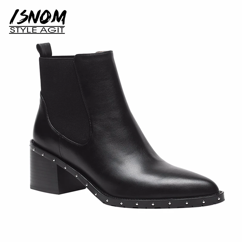 Ботинки ISNOM с заклепками на квадратном каблуке ботинки из натуральной кожи