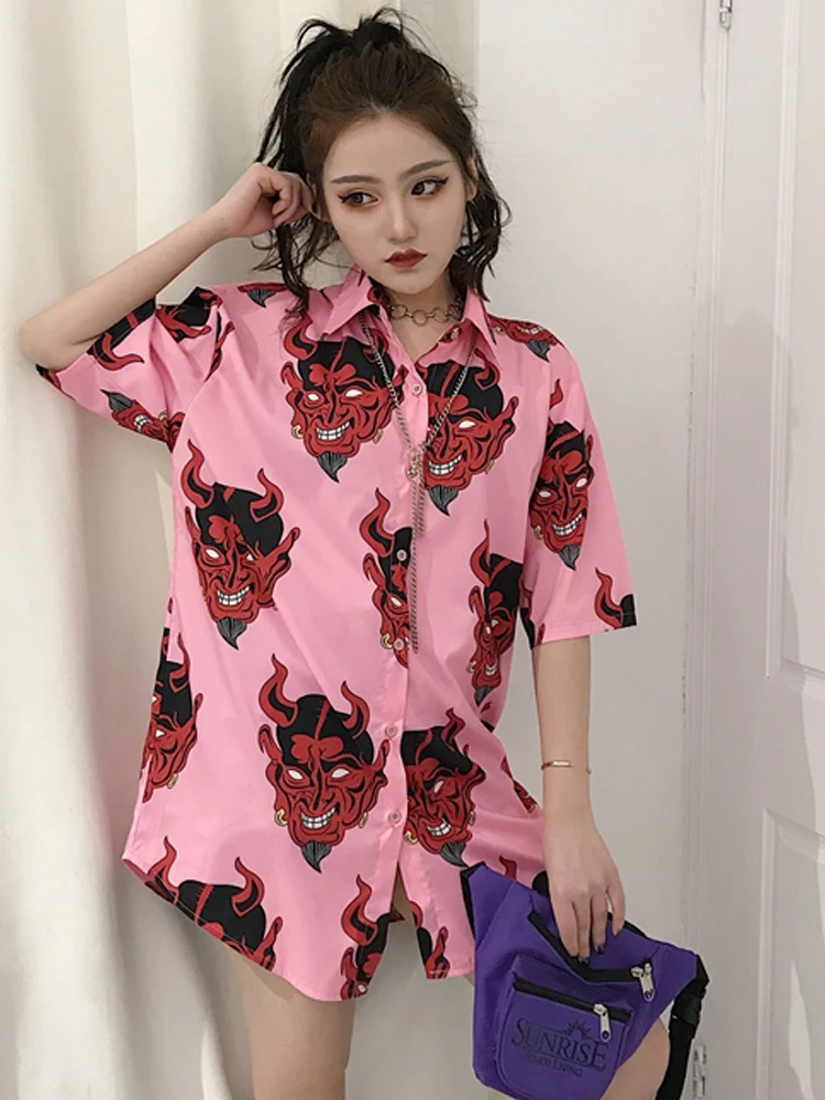 Harajuku мода мультфильм печати Для женщин рубашка Ретро хлопковые свободные