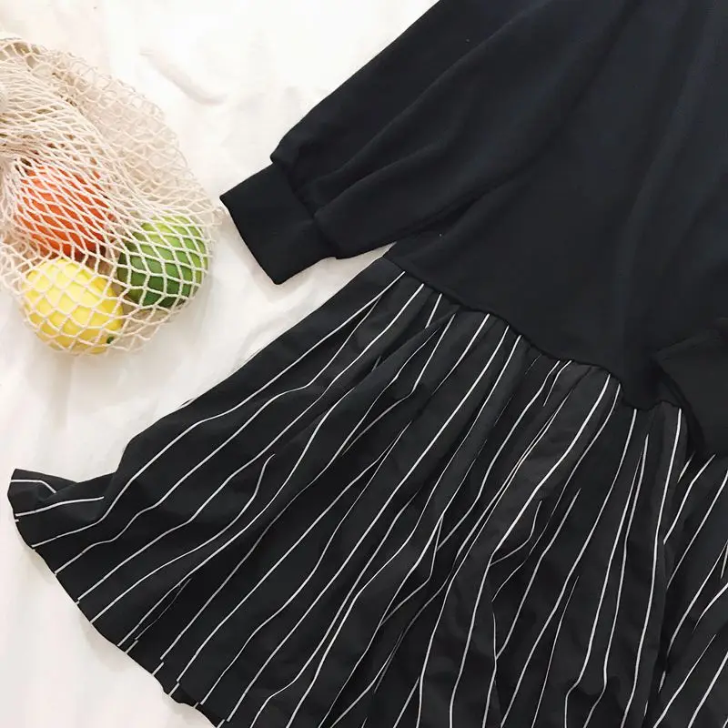 Winter Dresses Women 2017 Casual Loose Striped Patchwork Fake Two Piece Long SLeeve Sweatshirt Dress Black Midi D216 | Женская одежда