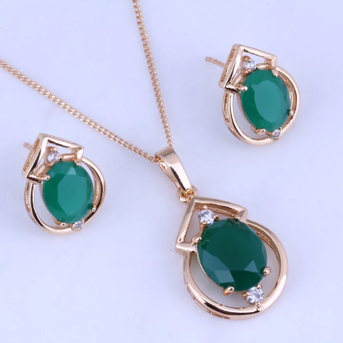 Женский комплект из колье и серёг с искусственным зелёным камнем|jewelry sets for