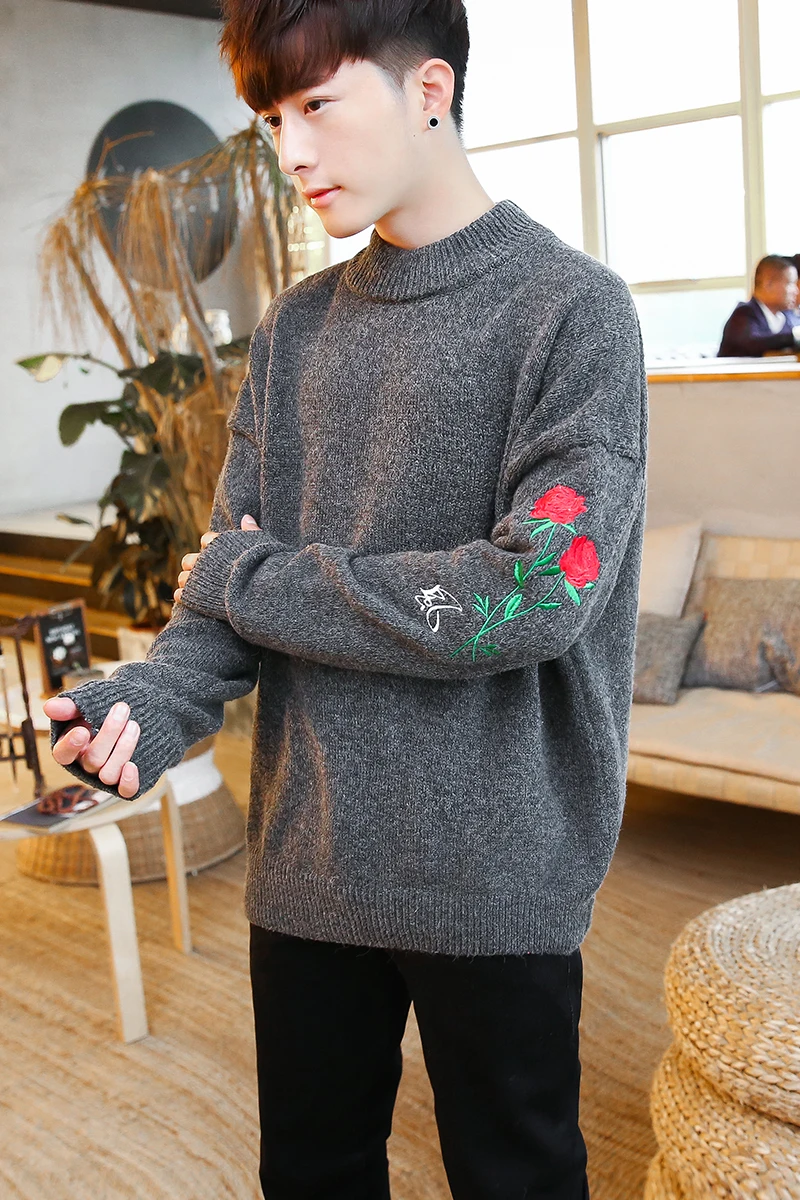 

Autumn Winter Simple Style Cotton Embroidery Loose Sweater Coat Mens Pullover Sweaters Jumpers Half Turtleneck Thick knitwear