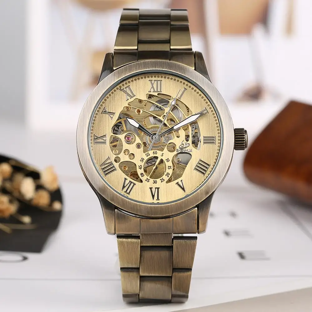 Retro Bronze Tone Mechanical Watch for Men Automatic-self-winding Mechanical Watch for Teenagers Business Watches Gift for Boys