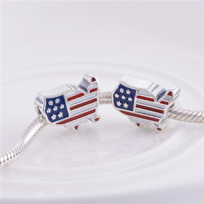 LW351 эмаль S925 Стерлинговое Серебро Флаг США карта резьба амулеты Бусина Подходит