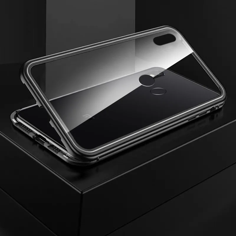 Магнитный металлический чехол для Xiaomi mi9, Прозрачный задний противоударный флип-чехол для Xiaomi Redmi Note 7 Pro, тонкий Глобальный роскошный - Цвет: Black Clear