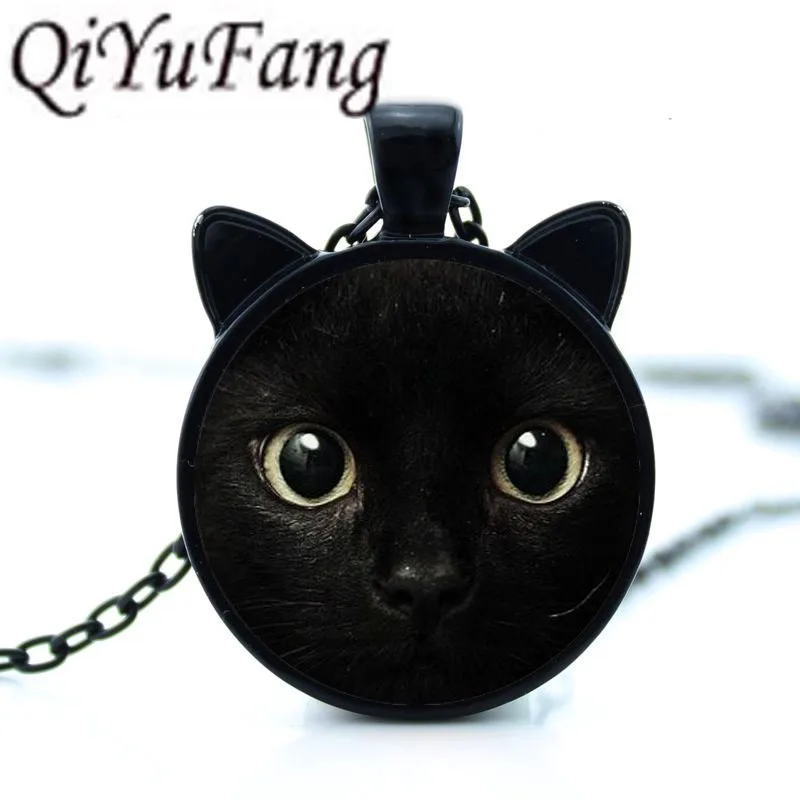

2018 painting L black cat Necklace for pet lovers Cat Pendant with two ears Jewelry Glass Cabochon girl's Gift for her