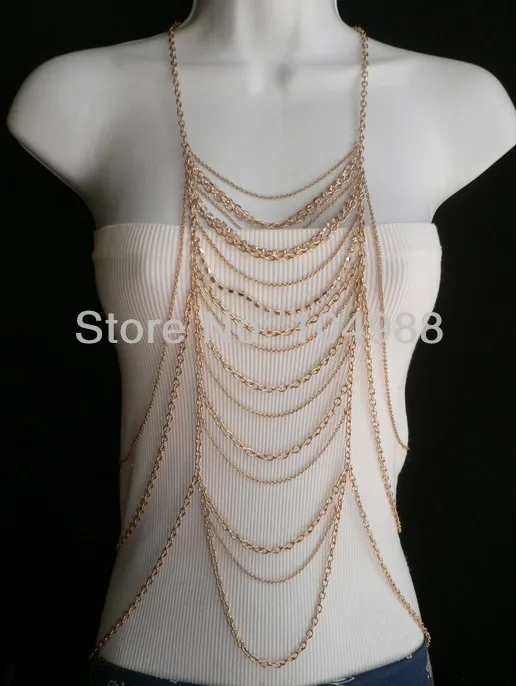 

FREE SHIPPING 2014 WOMEN GOLD METAL CHAIN BODY MULTI LAYERS CHAINS JEWELRY