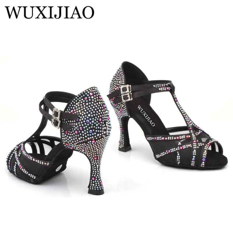 Женские туфли для латиноамериканских танцев WUXIJIAO черные атласные со стразами на