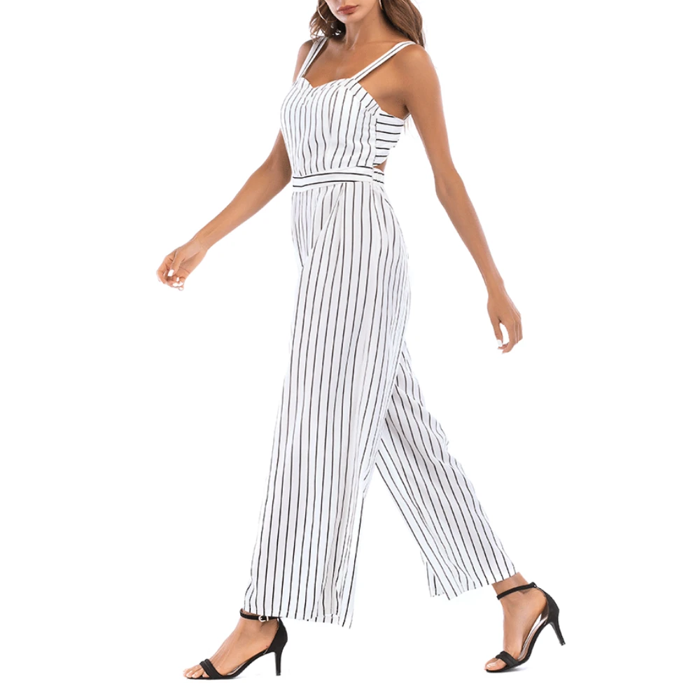 Женский полосатый комбинезон с высокой талией и открытой спиной Летний широкими