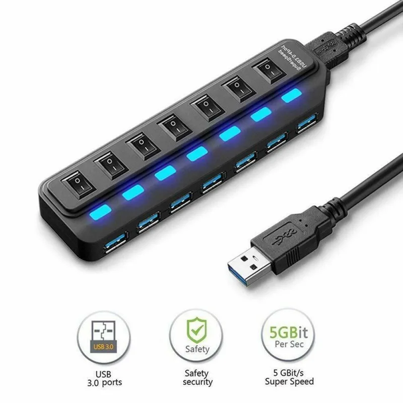 7-портовый USB 3 0 концентратор адаптер с переключателем ВКЛ/ВЫКЛ 5 Гбит/с Высокая