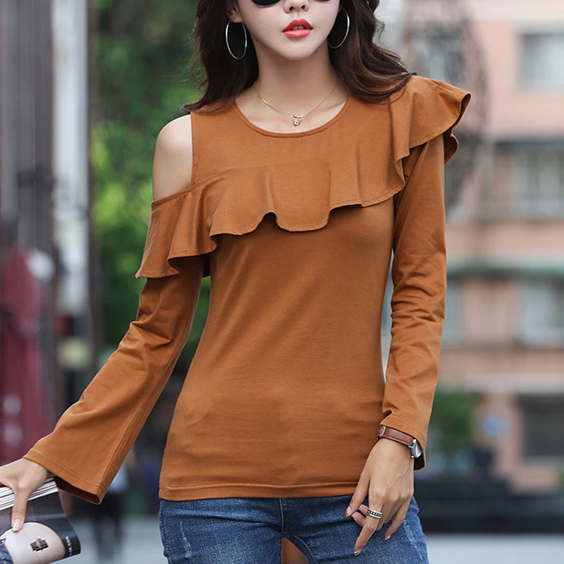 SIMPLISER Ruffled T Shirts Women Long Sleeve Asymmetrical Tee Female Irregular Tops Ladies Elegant 2018 Summer clothing white | Женская