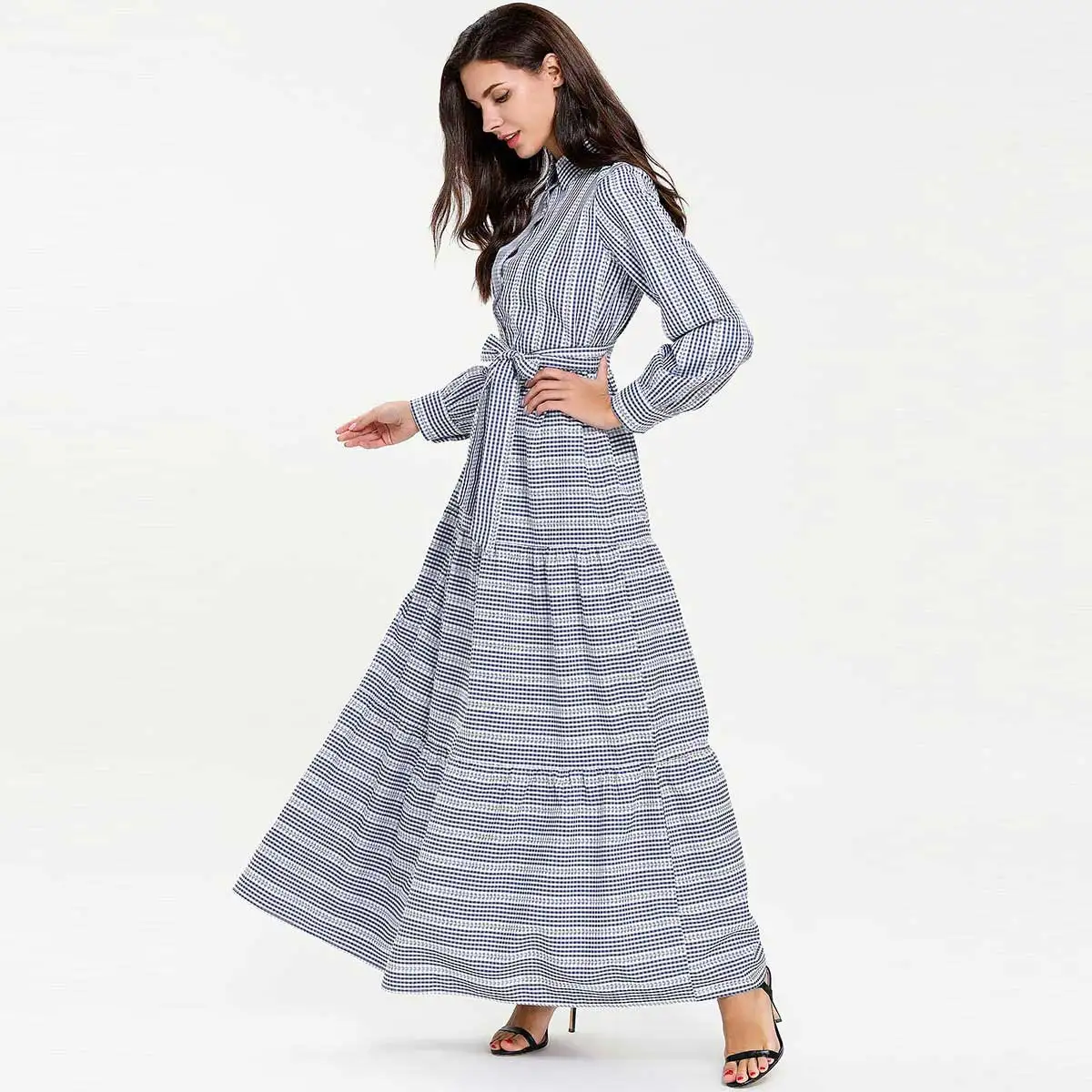 2019 женское летнее платье-рубашка со шнуровкой большие размеры клетчатое офисное