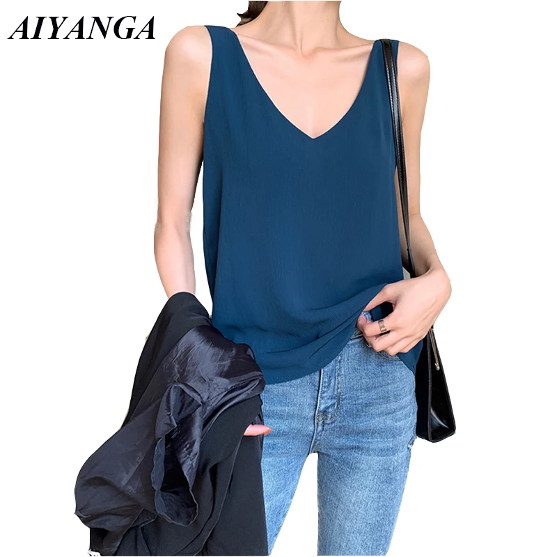 New Sexy Chiffon Women's Vest 2019 Summer Vest For Women Sleeveless Blouses V Neck Casual Loose Pullovers Shirts Plus Size Tops
