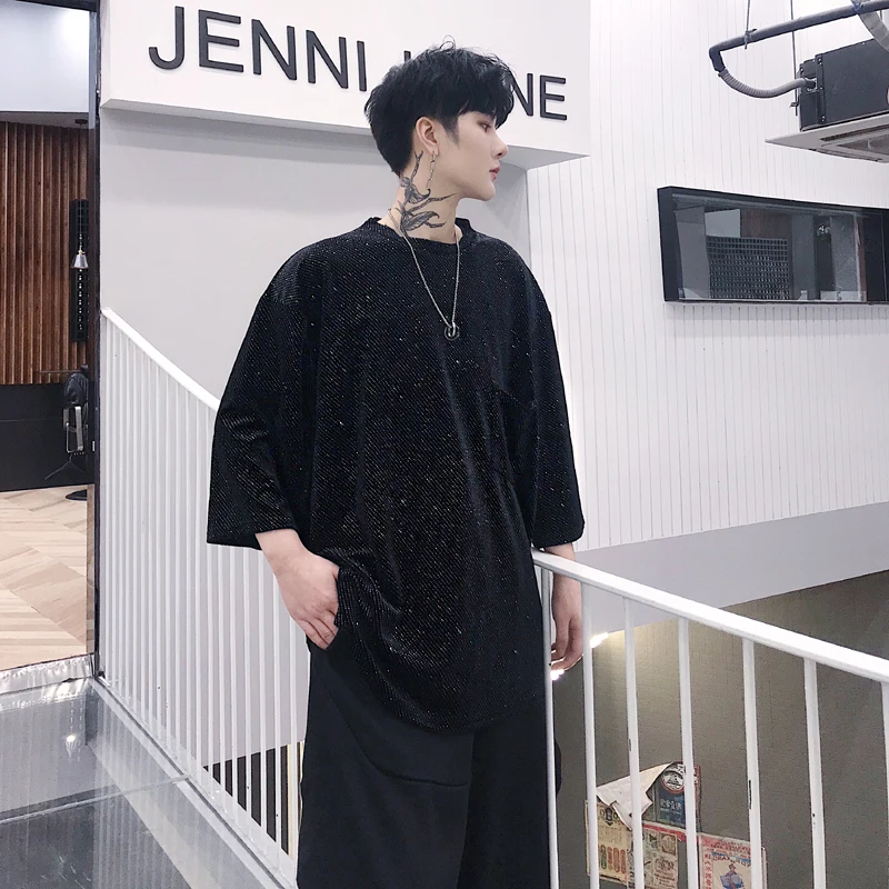 Качественная мужская Блестящая футболка большого размера с блестками уличная в