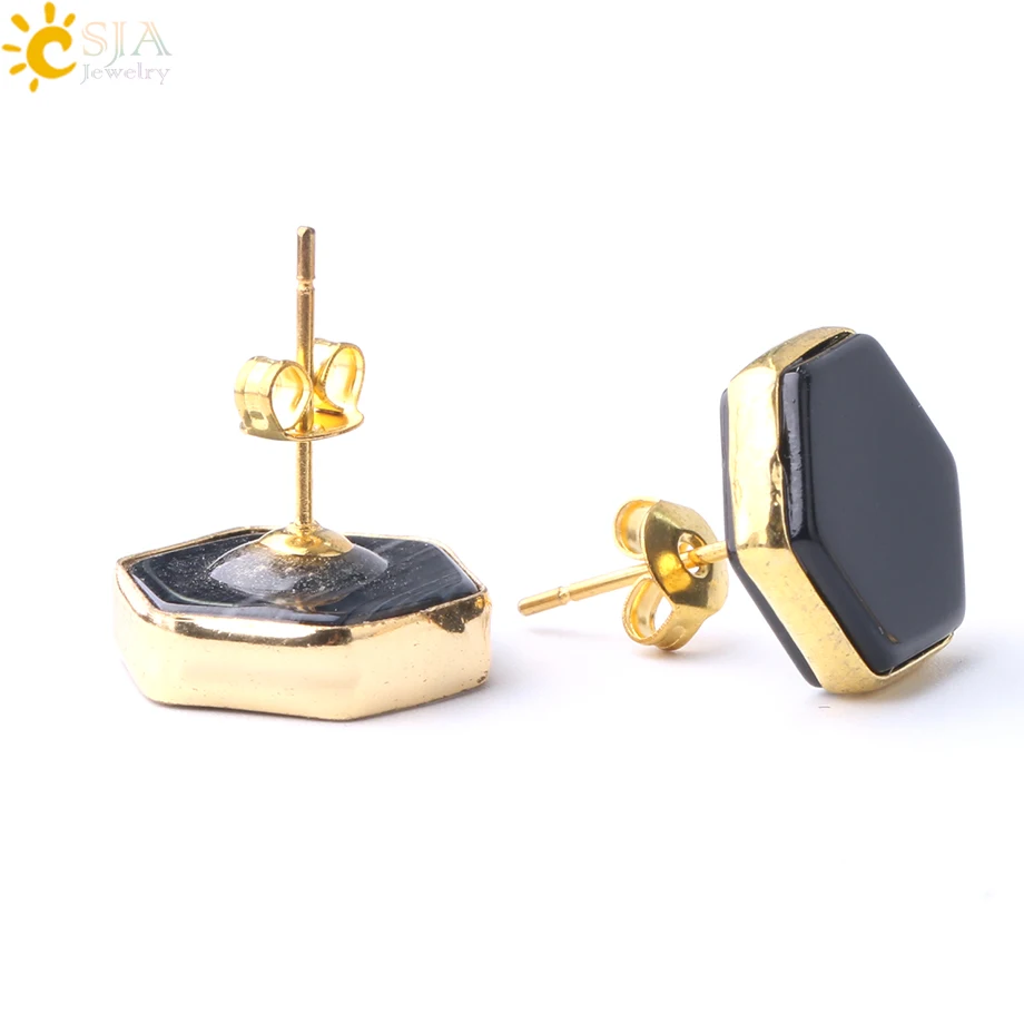 Black Agate CSJA, винтажные шестигранные серьги-гвоздики, геометрический золотистый, медный, стеклянный камень, простые модные серьги, ювелирные изделия для женщин, девушек, вечерние G032 - Окраска металла: Black Agate