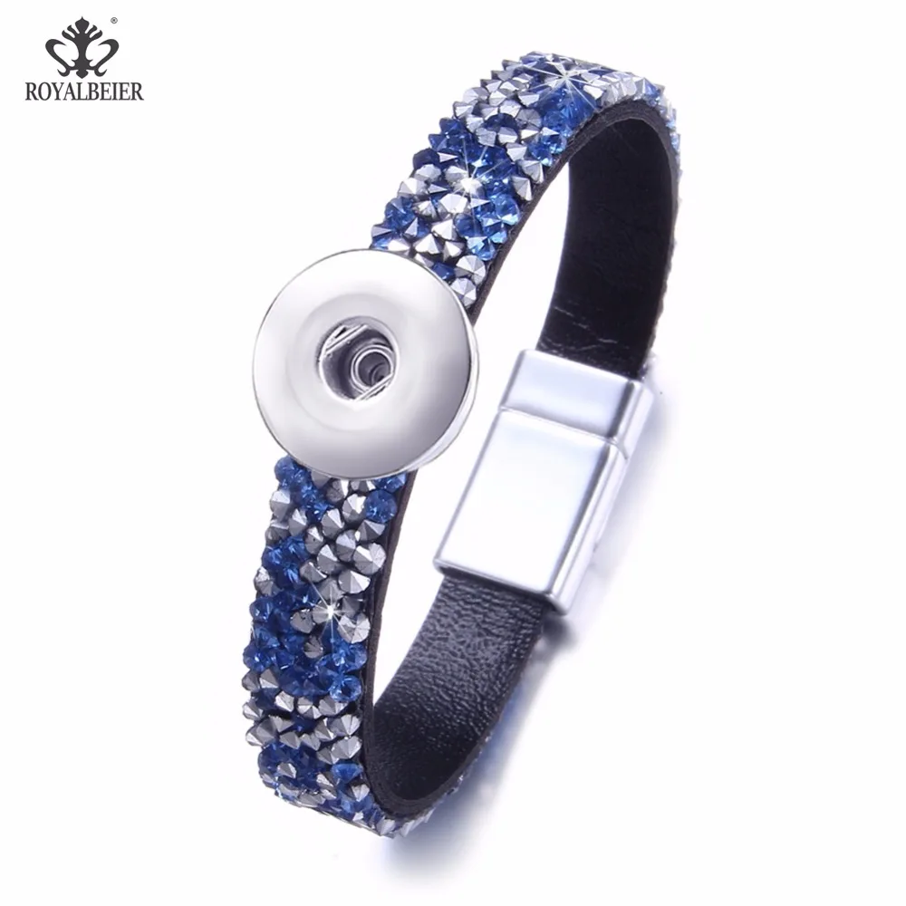

RoyalBeier 1pc Snap Leather Bracelet Metal Magnet Button 18mm Snap Button Bracelet Full With Rhinestone Bangle Leather Bracelets
