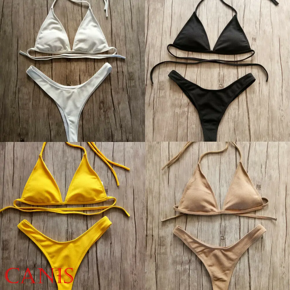 Женский купальник бикини с высокой талией Одноцветный пуш ап пляжная одежда лето