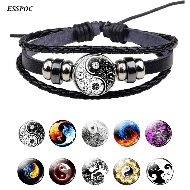 

Yin Yang Tai Chi Rope Black and White Braided Woven Button Glass Dome Jewelry Bracelet Leather Bracelets for Women Men Gifts
