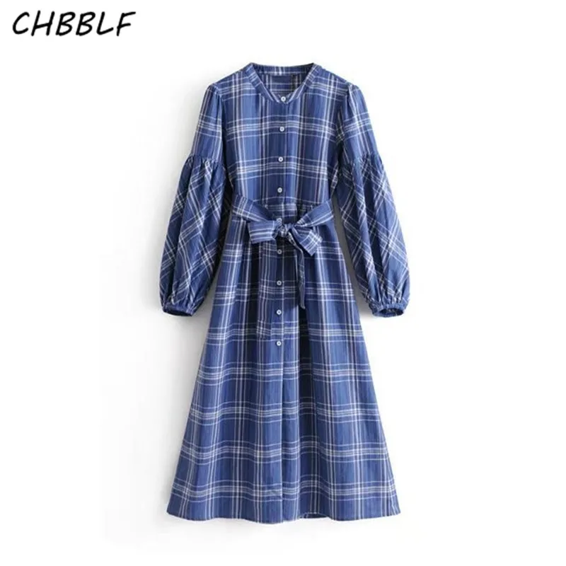 New spring dress long sleeve belt decorative blue plaid Vestido Retro HJH1387 | Женская одежда
