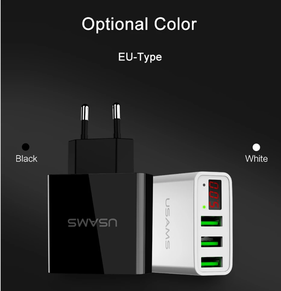 USAMS Марка ЕС Plug Led Дисплей стене телефон Зарядное устройство 3 Порты и разъёмы USB 2.4a