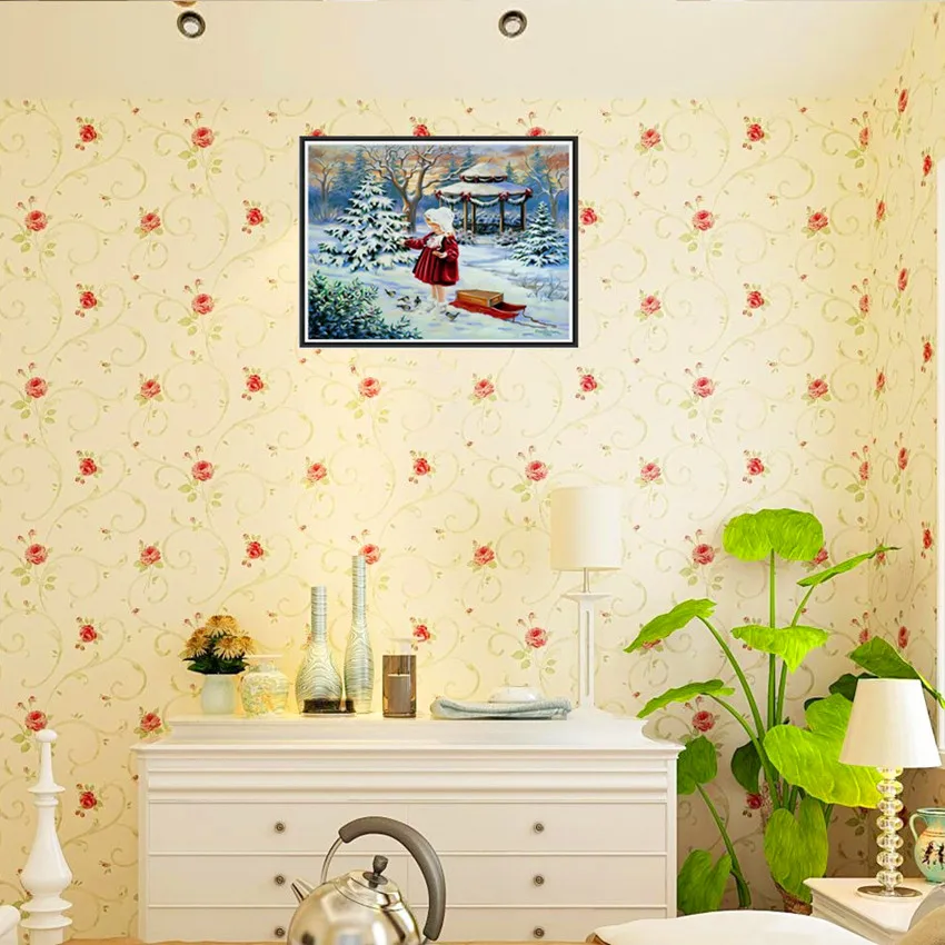 Diamond Painting Kid's Room Decoration 5D DIY Cross Stitch Girl Snow Field 7262 Partial 25X20 Canvas Paper Bag Round | Дом и сад
