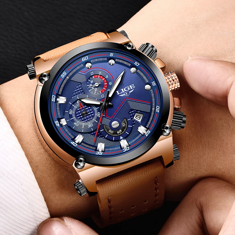 Часы наручные LIGE Мужские кварцевые брендовые Роскошные спортивные модные
