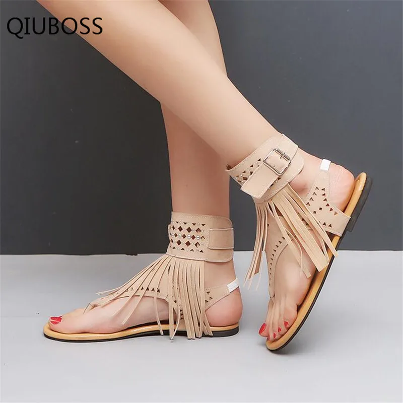 QIUBOSS 2018 Hot Summer New Bohemia Flat Women Sandals Tassel Woman Flip Flops Vintage Shoes Beach Plus Size 35-43 | Обувь
