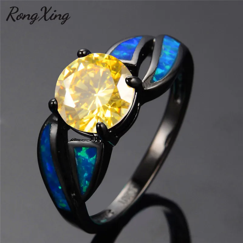 RongXing Новое Стильное кольцо с голубым огненным опалом круглые черные золотые