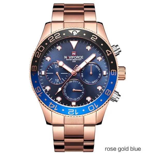 Rose Gold Blue NAVIFORCE роскошные часы мужские военные спортивные часы мужские s Нержавеющая сталь водонепроницаемые кварцевые 24 часа календарь наручные часы Reloj - Цвет: Rose Gold Blue