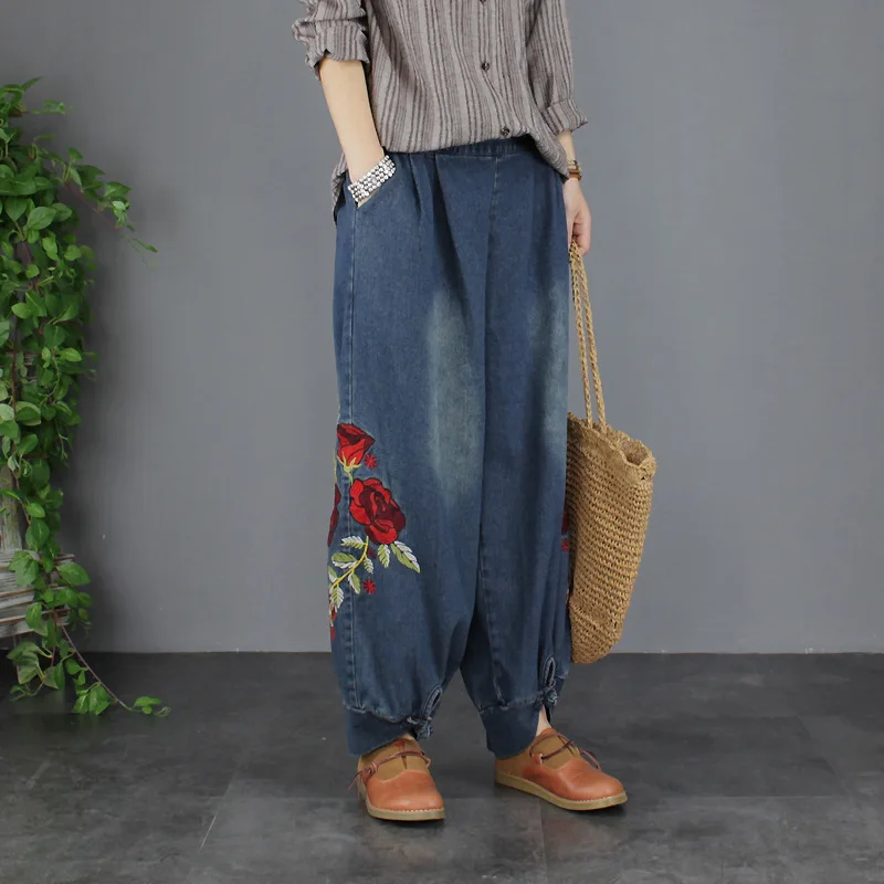Осенние джинсы женские большие размеры ретро джинсовые брюки эластичная талия
