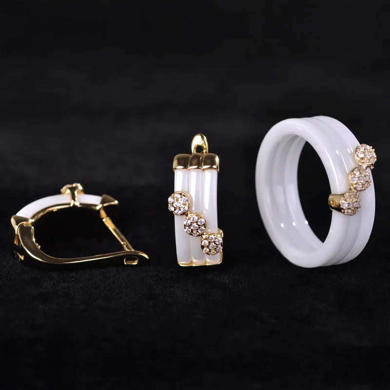 Blucome Новая Керамическая Ювелирные Наборы Белый Серьги и Кольцо Bijoux Золотой