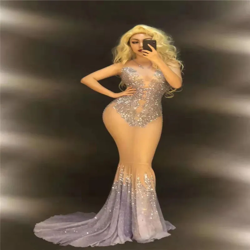 

D33 Sexy Long Mesh evening Dress Rhinestones See Through long skirt Mermaid skirt diamonds stage dance costumes performa catwalk