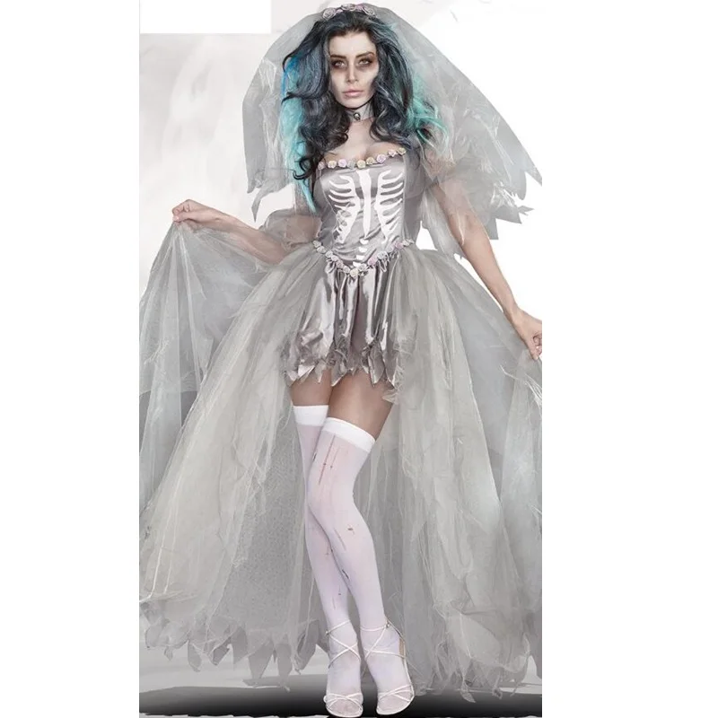 Couples's Ghost Lace Наплечные рукава Ghostly невесты страшный костюм Хэллоуин вечерние взрослые мужчины женщины платье Doom Костюм призрак невесты на Хеллоуин