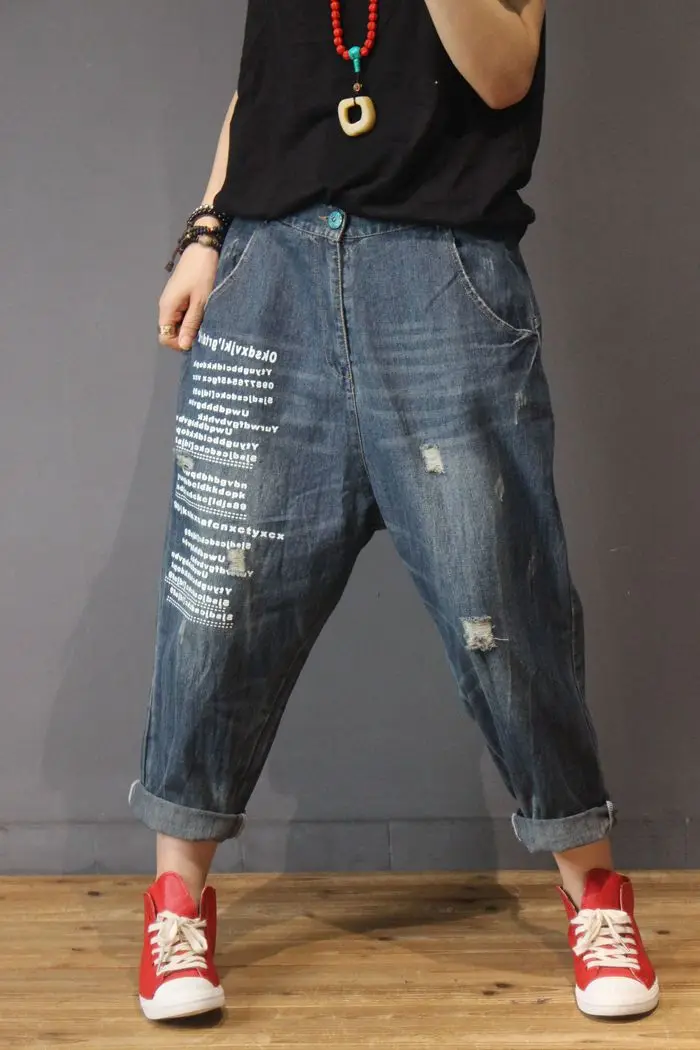 Женские винтажные джинсы шаровары универсальные свободные с принтом в виде букв