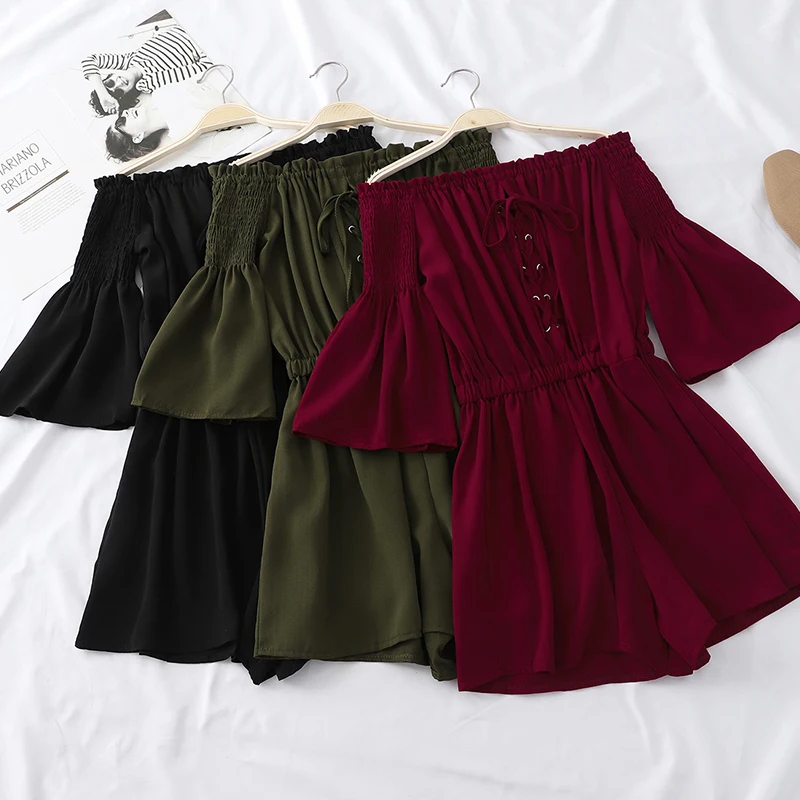 

Summer Women Slash Neck Flare Sleeve Rompers Bandage Strap Pleated Ruffles Bow Jumpsuit Mini Female Wrapped Rope Beach Playsuits