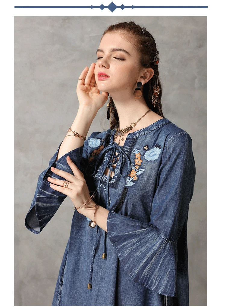 Летнее платье Yuzi. may Boho новые джинсовые женские платья с круглым вырезом и расклешенными рукавами с цветочной вышивкой Vestidos A82169 Vestido