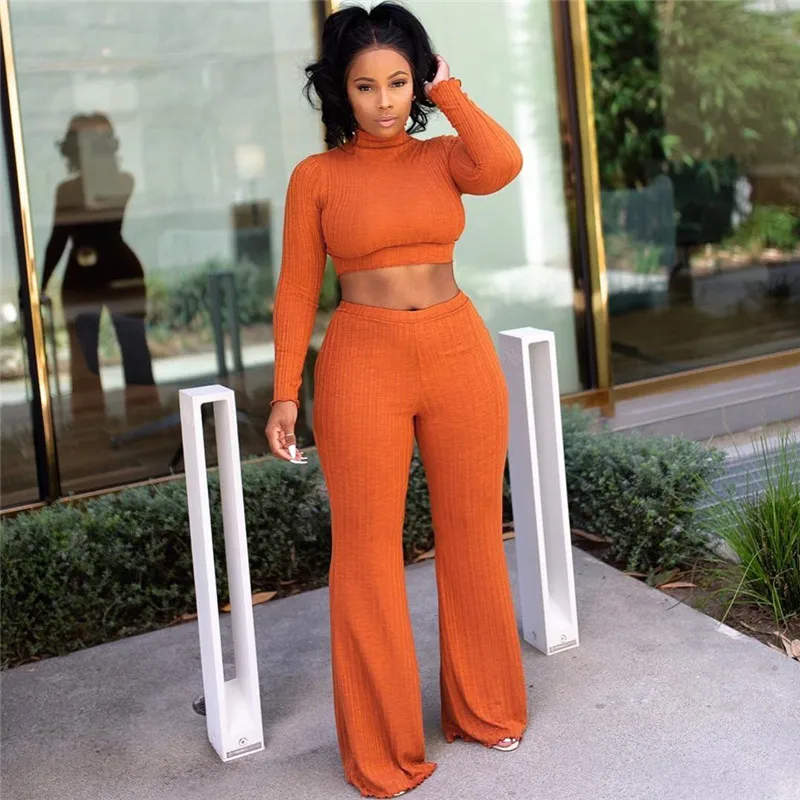 Sexy Knitted Ribbed Two Piece Set Women's Outfits Long Sleeve Turtleneck Crop Top+ high waist Wide Leg Pants Casual Sweat Suits | Женская