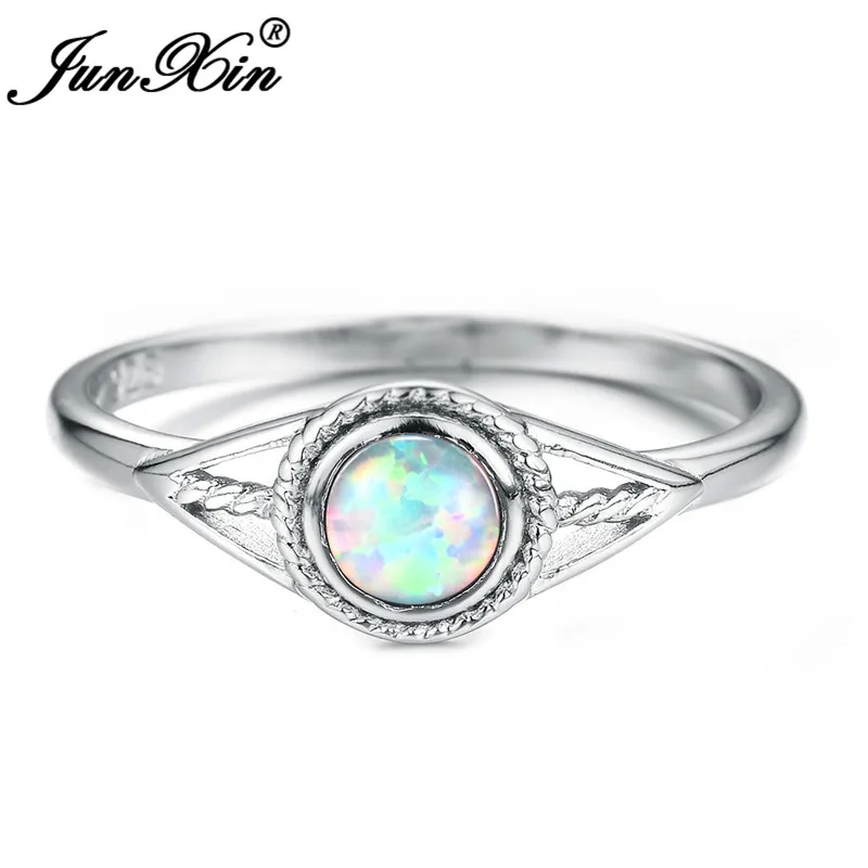 White Opal Ring JUNXIN, 925 пробы, серебряное, фиолетовое/синее/белое, огненный опал, кольца для женщин, круглый камень, радуга, сглаза, обручальное кольцо - Цвет основного камня: White Opal Ring