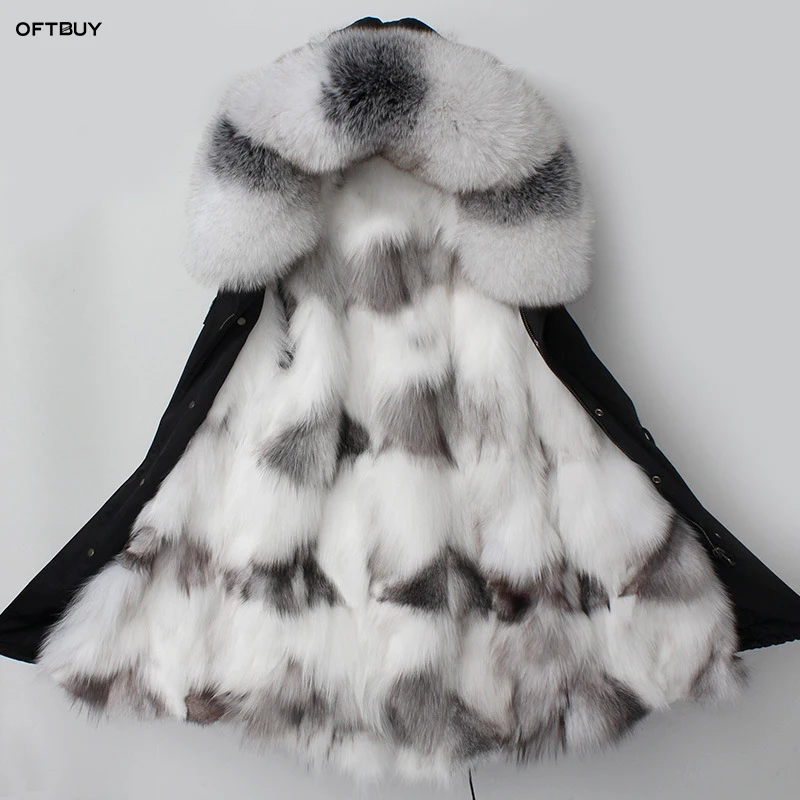 Женская парка с капюшоном OFTBUY длинная цвета хаки из натурального меха